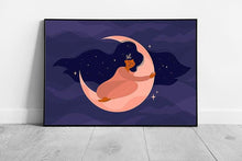 Load image into Gallery viewer, Woman Girl Hugging Sleeping On Crescent Moon Dreaming Peacefully Digital Art Wall Art Print on Paper Framed Picture print - Print Store
