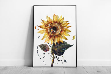 Vibrant Watercolor Bumblebee on Sunflower: Framed Paint Splatter Art Print for Spring & Summer Decor - Print Store