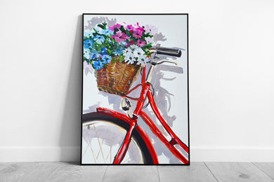 Vintage Red Bicycle Wall Art: Framed Print with Floral Basket, Nostalgic Paper Picture Decor - Print Store