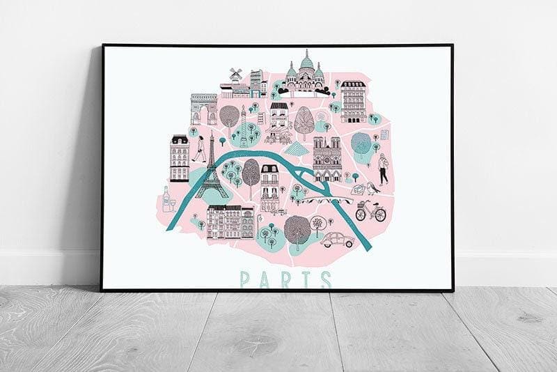 Whimsical Parisian Cityscape Illustration: Framed Wall Art Print in Soft Pastel Hues - Print Store
