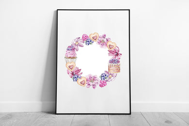 Wreath Wall Art Print of Tasty Snacks  Delicate Florals  Framed Paper Picture - Print Store