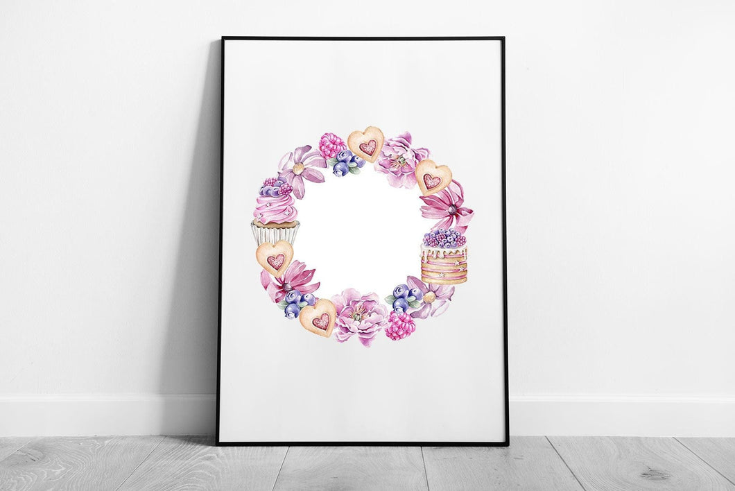 Wreath Wall Art Print of Tasty Snacks  Delicate Florals  Framed Paper Picture - Print Store