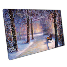 Load image into Gallery viewer, Serene Winter Evening Park Bench Wall Art Print: Enchanting Landscape Photography for Home &amp; Office - Print Store

