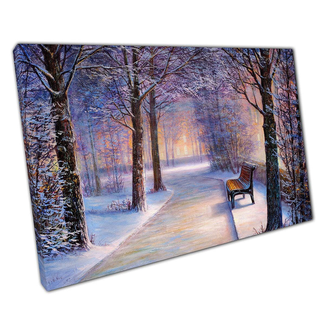 Serene Winter Evening Park Bench Wall Art Print: Enchanting Landscape Photography for Home & Office - Print Store