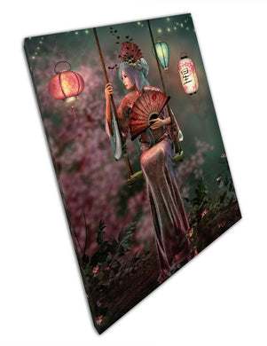 Asian Garden Night Scene Canvas Art - Lantern Lady Home  Office Decor - Print Store