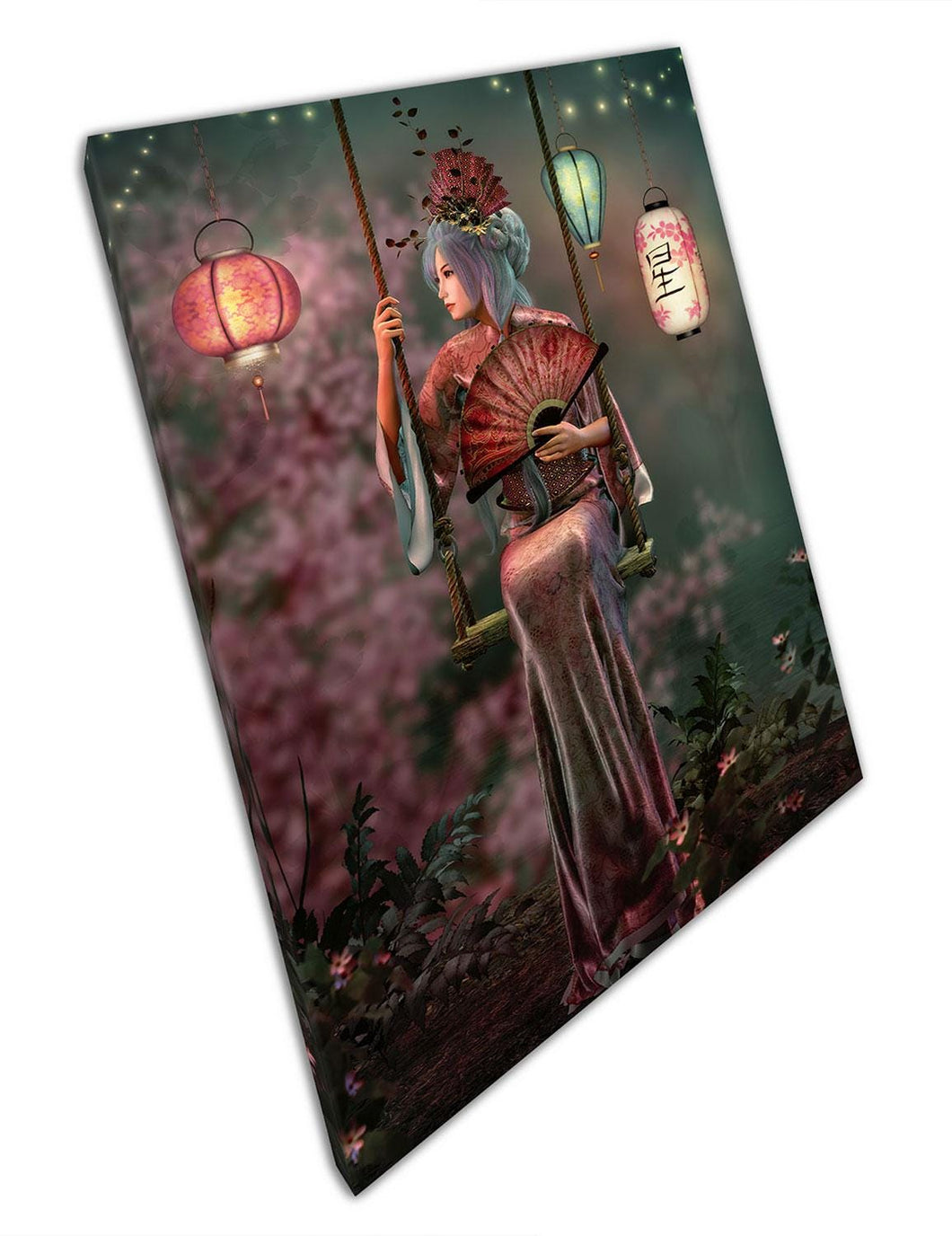 Asian Garden Night Scene Canvas Art - Lantern Lady Home  Office Decor - Print Store