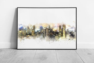 Vibrant Urban Landscape Abstract Watercolor Night Scene Framed Wall Decor Print - Print Store