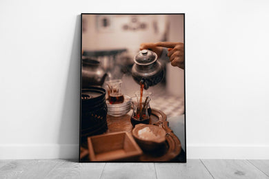 Vintage Teapot Wall Art: Framed Print of Pouring Hot Tea for Kitchen and Home Decor - Print Store