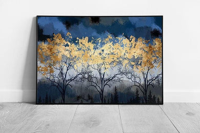 Abstract Forest Wall Art Print - Dusky Blue Sky  Golden Trees - Framed Picture Decor - Print Store