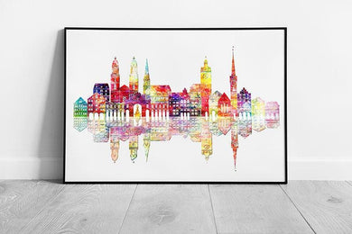 Zurich Skyline Watercolor Print  Framed Landmark Art for Home  Office Decor - Print Store