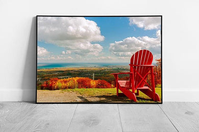 Vibrant Red Chair: Collingwood Blue Mountain Village Ontario Canada Framed Wall Art Print - Print Store