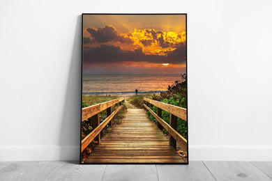 Wooden Bridge To Calm Beach With Dramatic Sunrise Wall Art Print on Paper Framed Picture print - Print Store
