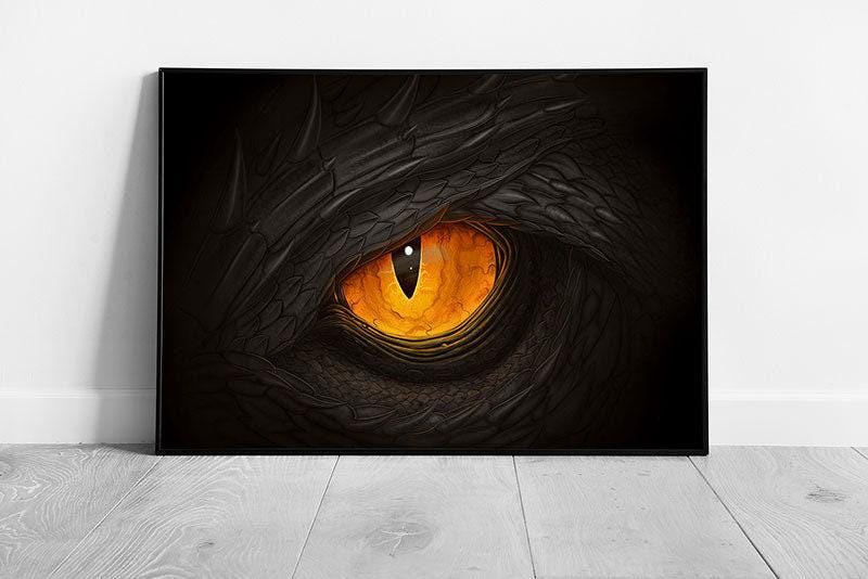 Vibrant Yellow Dragon Fantasy Art Print: Framed Digital Painting for Mythical Wall Decor - Print Store