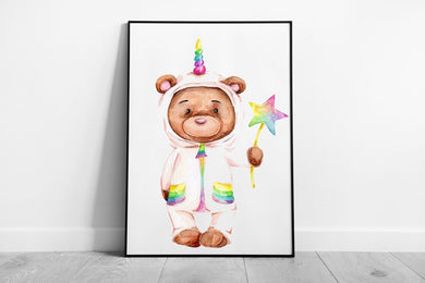 Whimsical Teddy Bear Unicorn Onesie Watercolor Print - Framed Kids Room Wall Art Decor - Print Store