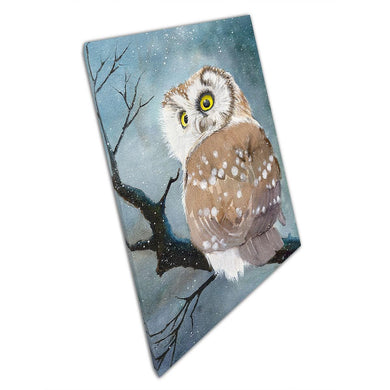 Alert Fluffy Barn Owl Watercolor Canvas Print - Winter Snow Branch Wall Art for Home Office Decor - Print Store