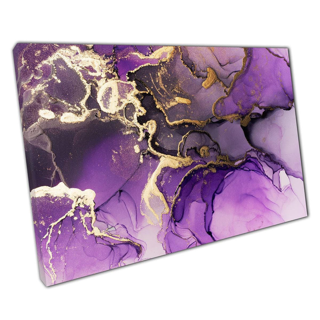 Abstract Fluid Ink Art Print: Purple & Gold Swirls on Canvas - Modern Home Office Wall Decor - Print Store