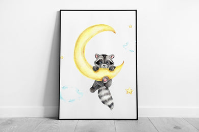 Whimsical Raccoon on Crescent Moon Watercolor Print - Framed Kids Room Wall Art Decor - Print Store