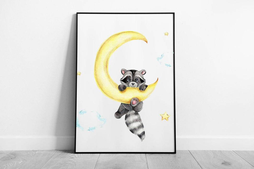 Whimsical Raccoon on Crescent Moon Watercolor Print - Framed Kids Room Wall Art Decor - Print Store