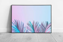 Load image into Gallery viewer, Vibrant Tropical Leaves Wall Art: Framed Print with Exotic Blue-Pink Gradient Background - Print Store
