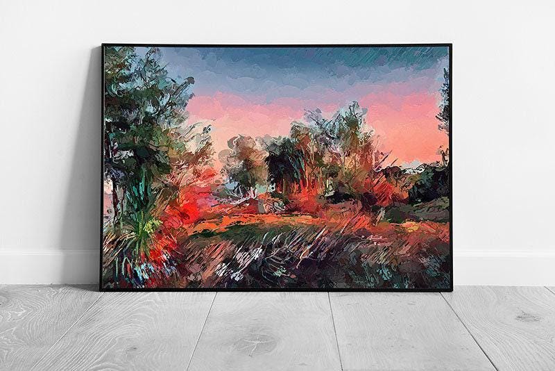 Abstract Colourful Textured Style Landscape At Dusk Inspired Wall Art Print on Paper Framed Picture print - Print Store