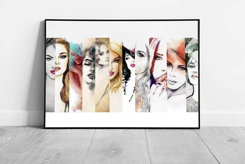 Watercolour Woman Faces Wall Art Print  Framed Art Decor  Beautiful Ladies Illustration - Print Store