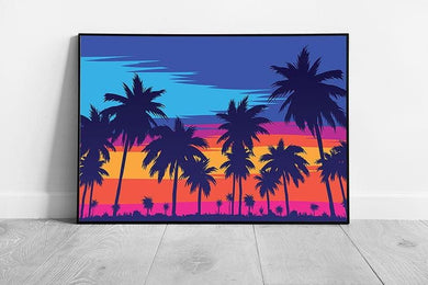 Vibrant Sunrise Palm Tree Art Print: Modern Minimalist Block Color Wall Decor, Framed Digital Artwork - Print Store